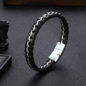 Leather braided black men's leather bracelet