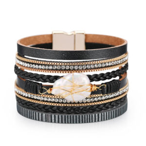 Bohemian Fashion Pearl Bundle Braided Multilayer Genuine Leather Diamond Bracelet