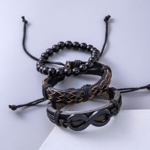 Punk Black Braided Leather Wrap Bracelet Vintage Infinity Symbol Charms Beaded Bracelets For Men