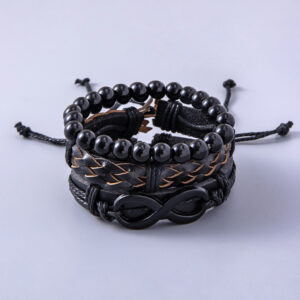 Punk Black Braided Leather Wrap Bracelet Vintage Infinity Symbol Charms Beaded Bracelets For Men